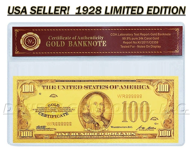 24K .999 Gold 1928 $100 Gold Certificate Banknote W/ Coa (Cert Of Authenticity)