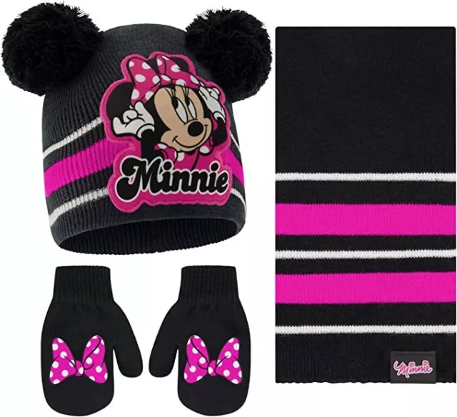 Disney Minnie Mouse Winter Beanie Hat, Scarf & Mittens/Gloves Set, Girls Age 2-7