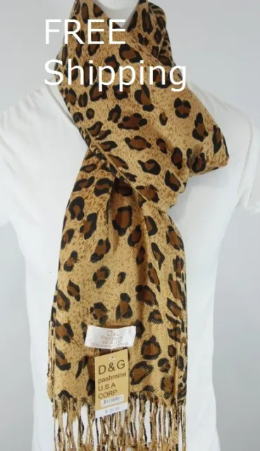 DG Pashmina Scarf Shawl Black Brown Cheetah Leopard Print~Silk Cashmere-Soft*