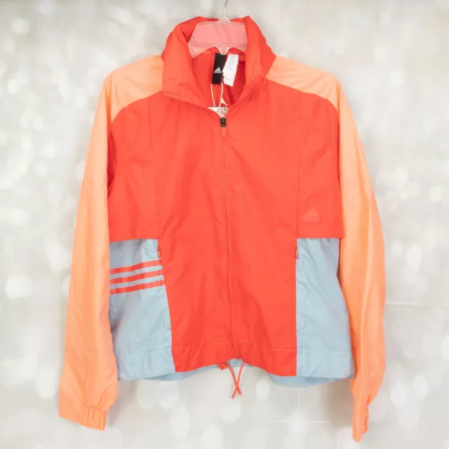 Adidas Womens Windbreaker Hooded Jacket Size M Orange/Blue W/Zip Front & Pockets