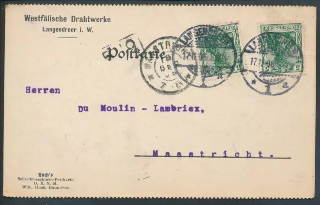 DR Germania 5 Pf Postkarte Drahtwerke Langendreer i.W. nach Maastricht 1906