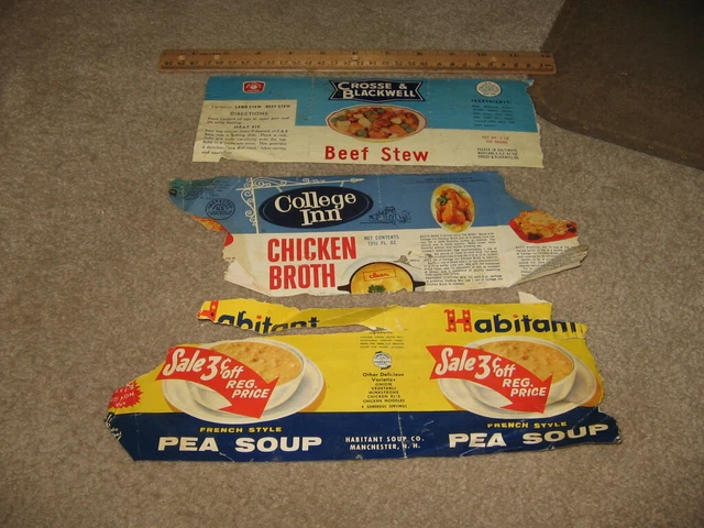 1960s-70s (3 can labels) soup stew Crosse & Blackwell College Inn Habitant