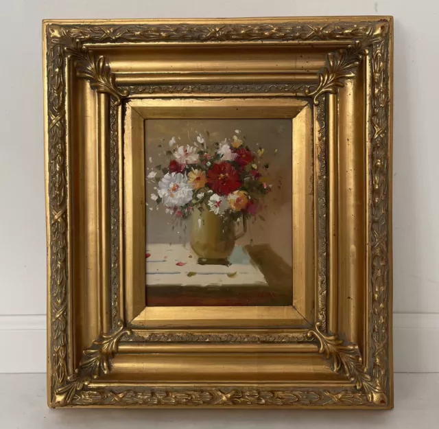 Vintage Oil Painting On Canvas Still Life Vase Flower Signed Frame 16.75”x18.75”