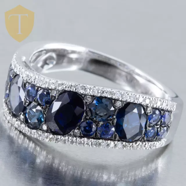 14K White Gold Ladies Multi-Stone Diamond & Blue Sapphire Band - Size 7.25