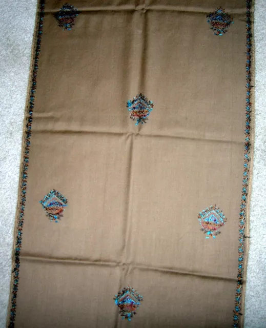 Premium 100% Natural Wool Hand Embroidery Kashmir Shawl Wrap Scarf Beige & Blue 3