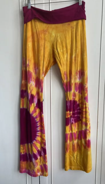 Tie dye yoga pants LARGE Shining Shatki Orange Purple Fuschia Sunburst Boho Hip