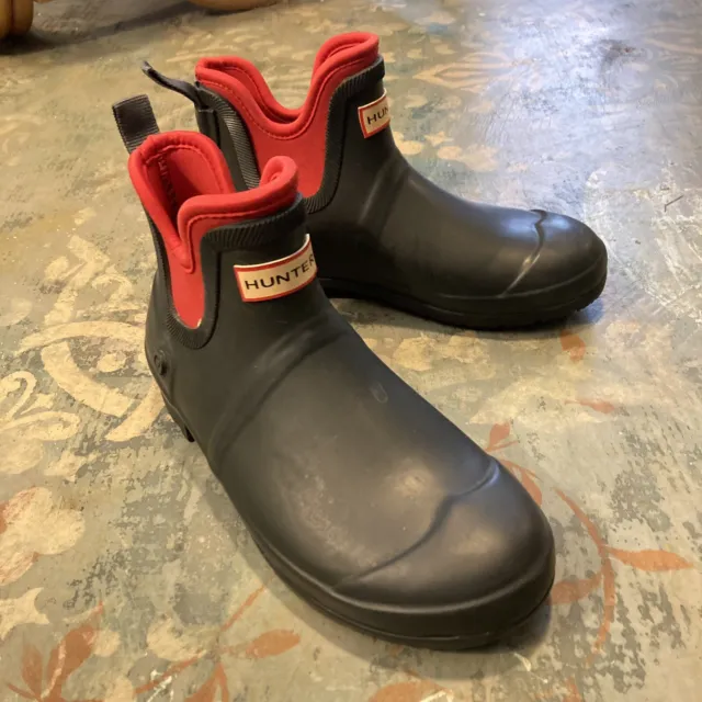 Hunter Rain Mud Boots Short Ankle Black Rubber Red Lined Garden Excellent Sz 8