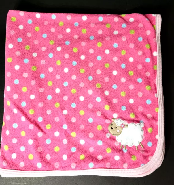 Carters OS Pink Baby Blanket Green Blue Polka Dots Circles Lamb Sheep Receiving