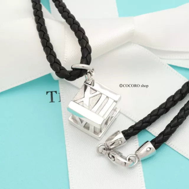 Tiffany & Co. Atlas Cube Leather Necklace Pendant 19.8" Silver 925 w/Pouch