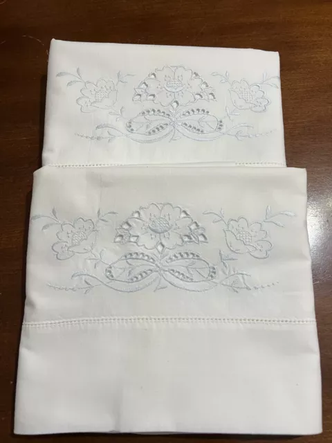 Vintage embroidered pillowcases white with blue flowered embroidery standard