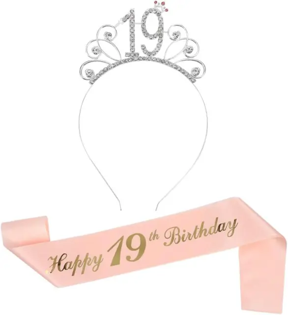 Fascia buon compleanno oro rosa 19° e corona strass tiara 19° compleanno per 19