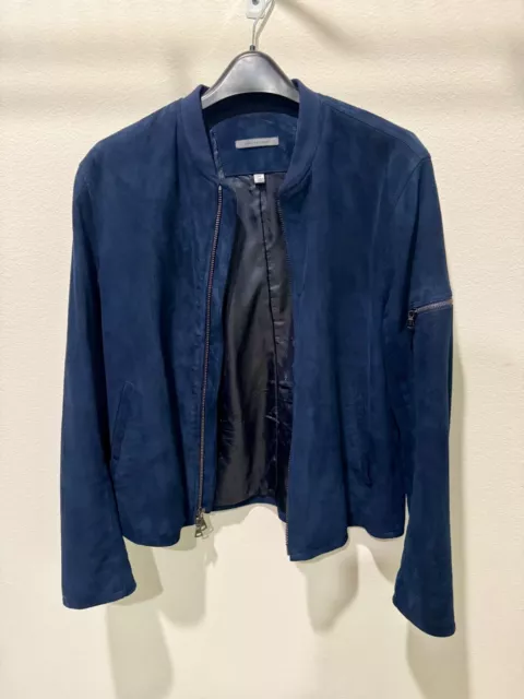 John Varvatos Blue Suede Leather Jacket Size 54 Mens Full Zip