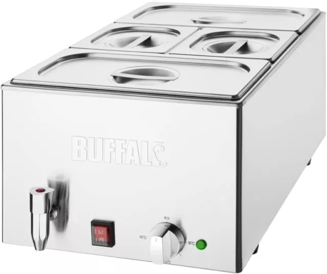 Buffalo 4 Pot Wet Heat Bain Marie with 2x1/3+2x1/6 pans,lids & tap Commercial