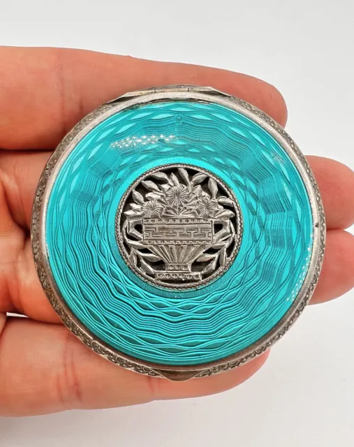 Antique Victorian Art Deco Sterling Silver Teal Blue Guilloche Enamel Compact