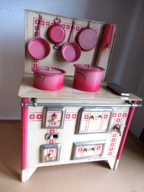 Jouet Ancien Cuisinière Gazinière En Bois Et Métal - Avec Dinette Vintage