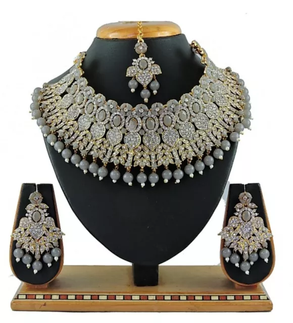 Grey Indian Bollywood Fashion Bridal Wedding Jewelry Ethnic Necklace Gold Plated