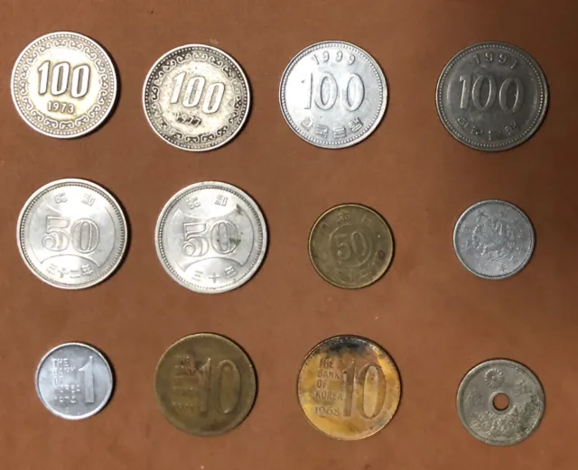 1930s,1960s,1970s Japan,Korea Lot Of 12 coins: 1,10,100 Won,1,5,50 Sen,50Yen