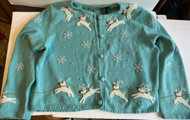 Michael Simon Beaded Reindeer Ex Lg Woman’s￼ Cardigan Sweater Christmas