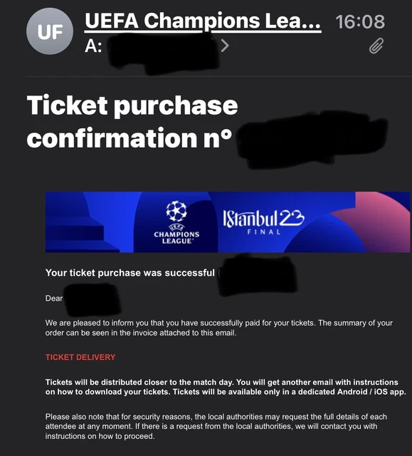 BIGLIETTO TICKETS FINALE Champions League 2023 Manchester City Inter