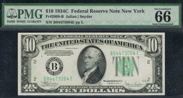 $10 1934C New York  FRN. Fr. 2008-B. BE Block. PMG 66 EPQ.