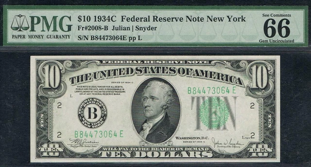 $10 1934C New York  FRN. Fr. 2008-B. BE Block. PMG 66 EPQ.