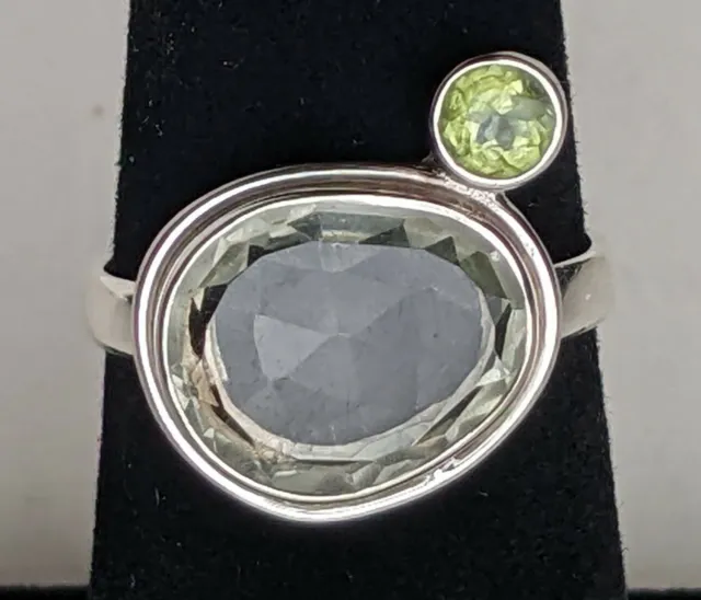 Chalisa Sterling Silver Ring Prasiolite & Peridot 3.1g Size 5.75 Unique Signed