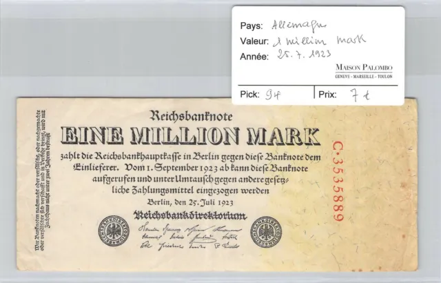 Ticket Germany - 1 Million Marks - 25/07/1923 - Pick 94 - 3535889