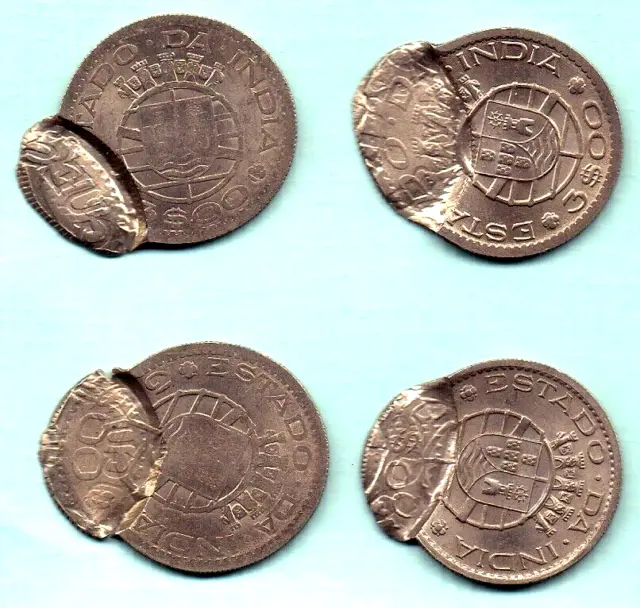 1959 Portuguese India Goa Die shifting Massive  Error 3 Estado Lot of 4 Coin UNC