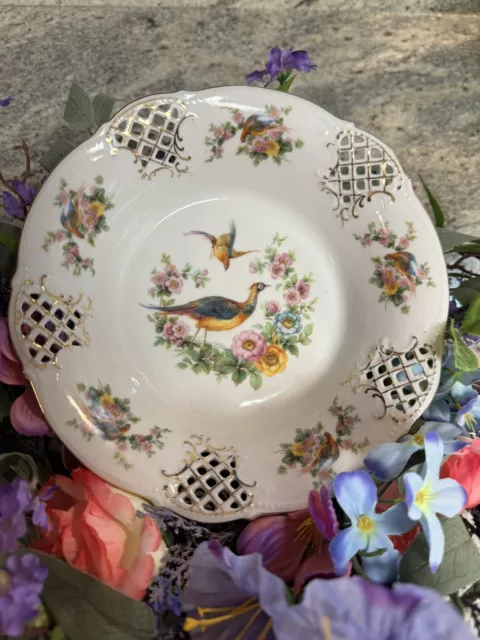 Schumann Dresden Germany Cutwork Pierced Reticulated Serving Bowl Pheasant Bird