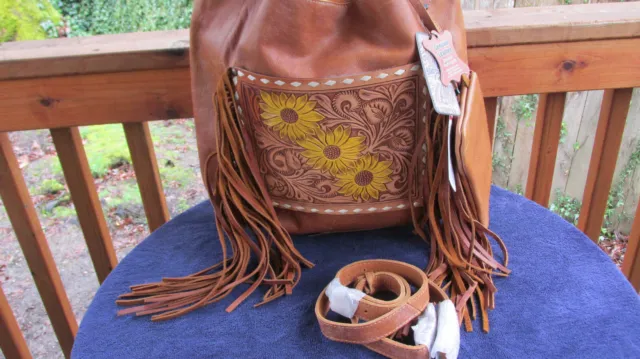 American Darling Large Conceal Carry Fringe Bag Hand Tooled Sunflowers