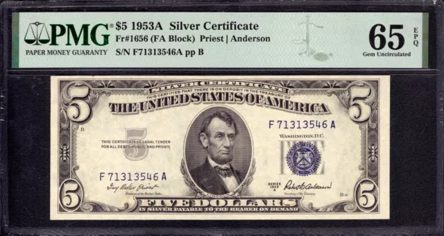 1953 A $5 Silver Certificate Note Fr.1656 Fa Block Pmg Gem Uncirculated 65 Ppq