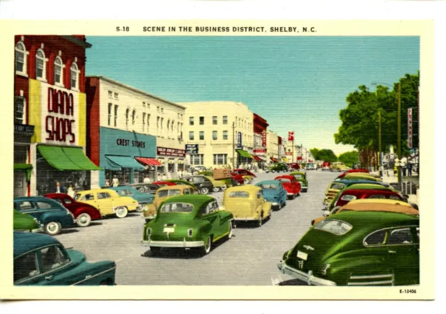 Busy Street Scene-Downtown Stores-Cars-Shelby-North Carolina-Vintage Postcard