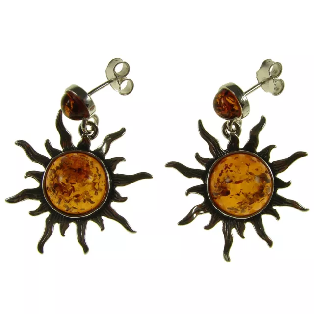 Baltic Amber Sterling Silver 925 Stud Drop Dangling Sun Style Earrings Jewellery