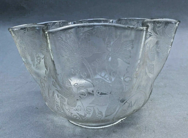 Antique Victorian Acid Etched Floral Decorated Ruffled Glass Lamp Shade