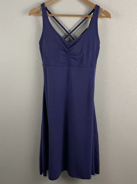 Prana Striped Rebecca Dress Women's Size M Purple Jersey Strappy Back Shelf Bra