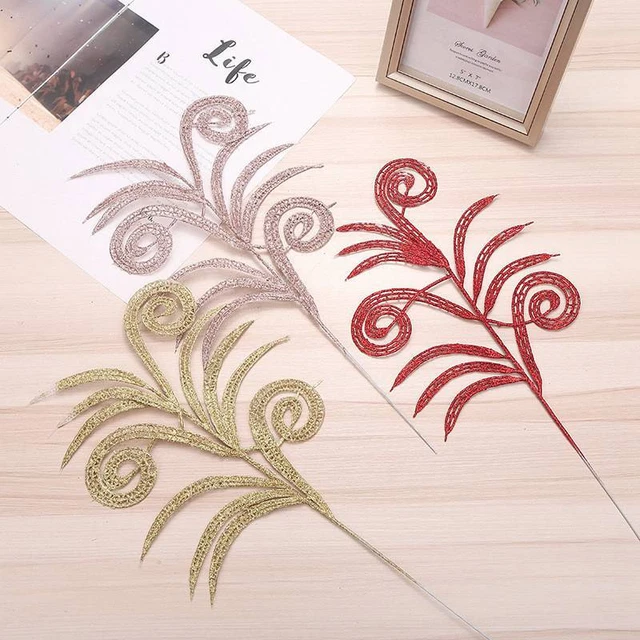 Glitter Fern Leaf Champagne Rose Silver Tree Pick Christmas Decoration Gold Red