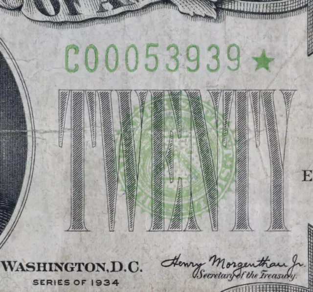 $20 1934 Star yellow-green seal FRN C00053939* plain series twenty$ Philadelphia