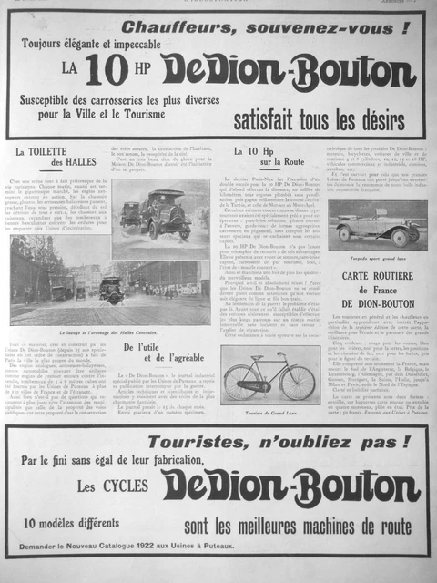 Publicité De Presse 1922 Automobiles Dedion Bouton 10 Hp Et Bicyclettes