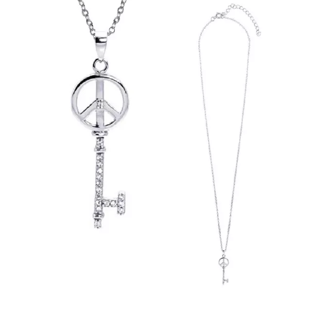 Sterling Silver Necklace w/ CZ Stones Peace Sign Key Pendant