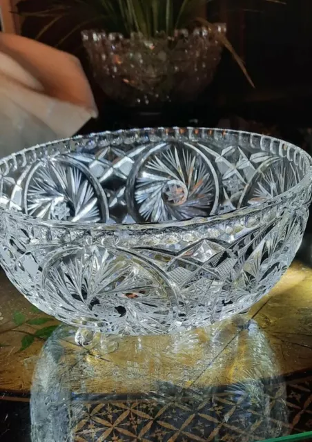 Vintage American Brilliant Cut Glass 3 Footed Bowl, Etched Star Pattern, 9"