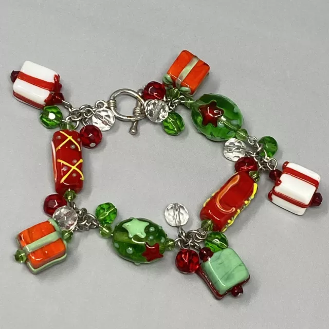 Christmas Charm Bracelet Red Green Lampwork Glass Bead Present Candy Cane 6.5"