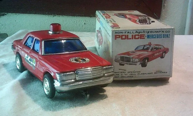 Mercedes Benz Batt. Op. Bump 'N' Go Tin Toy Red Police Car