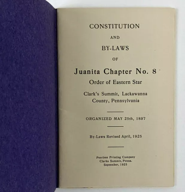 1925 Order of the Eastern Star Juanita Chapter 8 By Laws Booklet Lackawanna PA