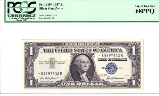 1957 $1 Silver Certificate PCGS Superb Gem New 68PPQ *Star* Serial #*89897832B