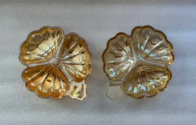 Vintage Marigold Iridescent Carnival Glass 3 Leaf Clover Candy Dishes • Two (2)