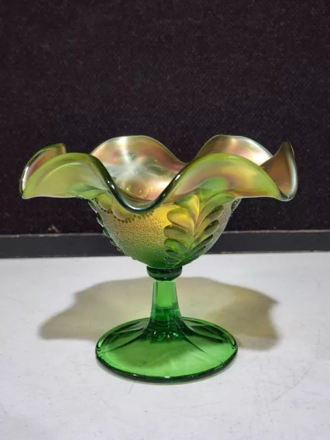 Vintage Northwood Galss DAISY & PLUME 4 3/4" Green Carnival Compote
