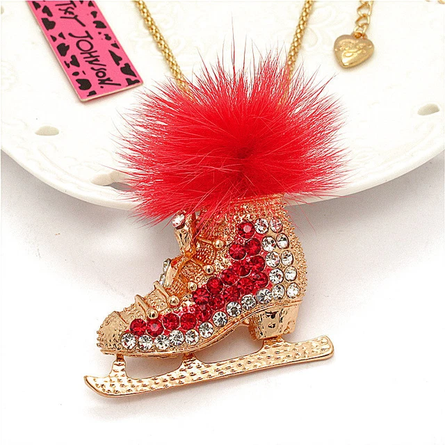 Crystal Red Plush Ball Skates Bling Rhinestone Fashion Women Chain Necklace