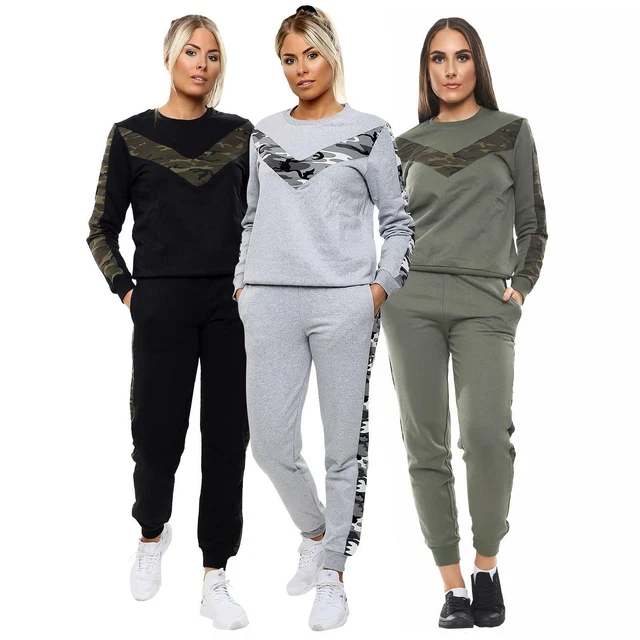 Womens Army Camouflage Side Stripe Jogging Bottom 2Pcs Loungewear Tracksuit Set