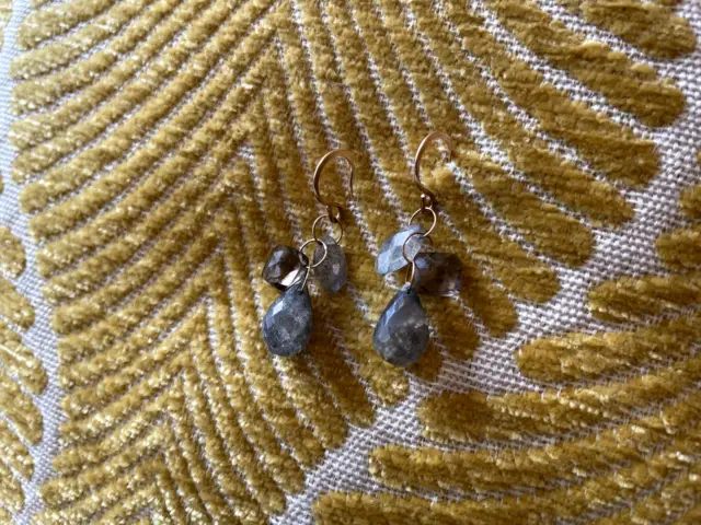 ~NEW~ Melissa Joy Manning gold 14k earrings Labradorite & Smoky Quartz
