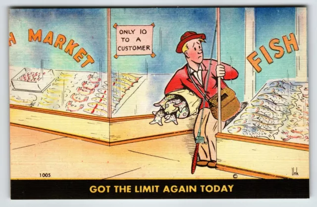 Fishing Linen Postcard Man Shops At Fish Market Humor Signed Unk Unused Vintage